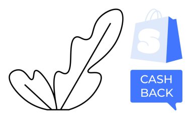 A simple black outline of a leaf is paired with a blue shopping bag icon and a cash back sign. Ideal for e-commerce, digital marketing, online shopping promotions, rewards programs clipart