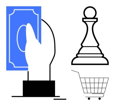 El ele tutuşan para, satranç taşı, beyaz arka planda alışveriş arabası. Finansal planlama, stratejik düşünme, yatırım kararları, alışveriş alışkanlıkları, tüketici davranışları için ideal. Basit modern biçim