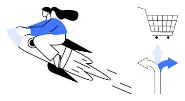Rokete binen kişi hızını gösterir. Alışveriş arabası ve yön okları e-ticaret seçeneklerinin altını çiziyor. Çevrimiçi alışveriş, karar verme, hız, e-ticaret ve teknoloji gibi konular için ideal