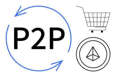 Dairesel oklu P2P, bir alışveriş arabası ve bir blok zinciri sembolü. Ticaret, dijital para birimi, merkezi olmayan hizmetler, e-ticaret, modern işlemler için ideal. Basit vektör biçimi