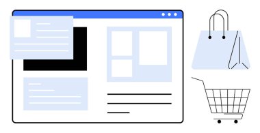 Bir web sayfası düzeninde, alışveriş arabası ve torba ikonları eşliğinde çeşitli bölümler sergileniyor. eCommerce, web tasarımı, online alışveriş, UI UX tasarımı ve dijital pazarlama için ideal. Basit ve temiz bir biçim