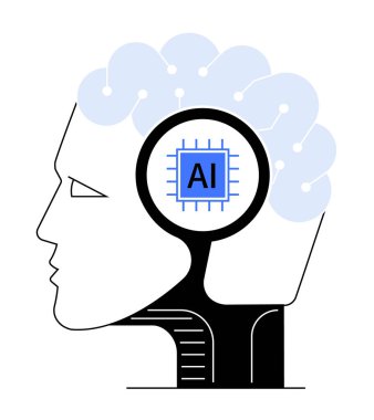 Üzerinde mavi ile yapay zeka etiketli bir mikroçip olan işaretlenmiş beyin bölgesi olan bir insan kafası profili. Teknoloji, yapay zeka, insan-bilgisayar etkileşimi, yenilik ve sinirsel etkileşim için ideal