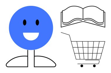 Açık bir kitap ve alışveriş arabasının yanında mavi, gülen bir yüz. Eğitim, çevrimiçi alışveriş, okuma, mutluluk ve tüketim için ideal. Basit ve modern stil