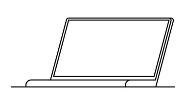 Minimalist çizilmiş modern bir laptop. Teknoloji, iş, eğitim, uzaktan çalışma ve grafik tasarımı için ideal. Öğretmenlik, kodlama kursları, dijital öğrenme, profesyonel çalışma alanları bu resmi kullanabilir