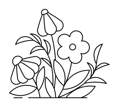 Üç farklı çiçek ve yapraklı siyah ve beyaz çiçek çizgisi. Botanik temalar, boyama sayfaları, minimal tasarımlar, doğayla ilgili projeler ve vektörler için idealdir. Basit, temiz, şık..