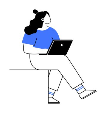 Dizüstü bilgisayarı olan bir kadın. Uzaktan çalışma, dijital göçebe yaşam tarzı, teknoloji kullanımı, modern ofis ortamı, günlük iş kıyafetleri için ideal. Basit, minimalist, modern..