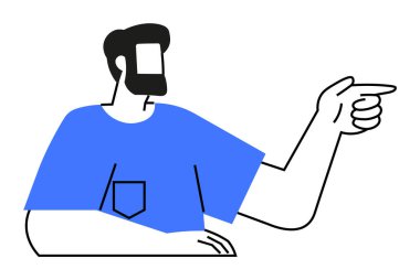 Mavi gömlekli ve siyah saçlı sakallı bir adam minimalist vektör tarzında sağ tarafı işaret ediyor. Navigasyon, talimatlar, rehberlik, dersler ve müşteri destek temaları için idealdir. Basit satır sanatı