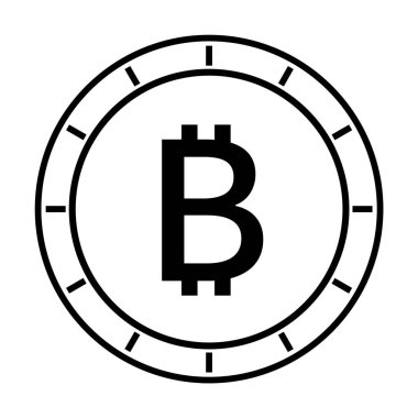 Siyah-beyaz şeklinde minimalist bir tasarım. Kene izleriyle süslenmiş bir çemberin ortasında Bitcoin sembolü var. Kripto para birimi, finans, teknolojik yenilik, engelleme zinciri, dijital ekonomi için ideal