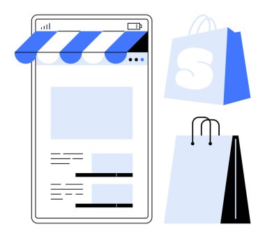 Çevrimiçi alışveriş dijital mağaza önü mobil ticaret e-ticaret ve perakende sektörü için ideal iki alışveriş çantası ile akıllı telefon uygulaması arayüzü. Temiz basit biçim