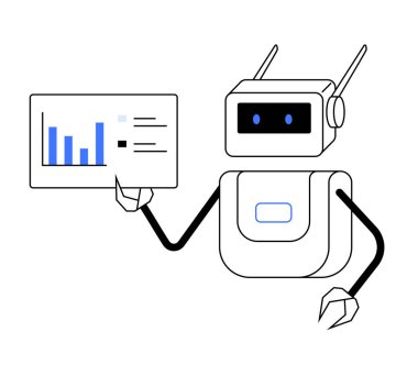 Anten ve pençeleri olan bir robot verileri ve çizelgeyi gösteren bir tahta tutuyor. Teknoloji, yapay zeka, veri analizi, robot bilimi ve otomasyon için ideal. Basit çizgiler, temiz tasarım