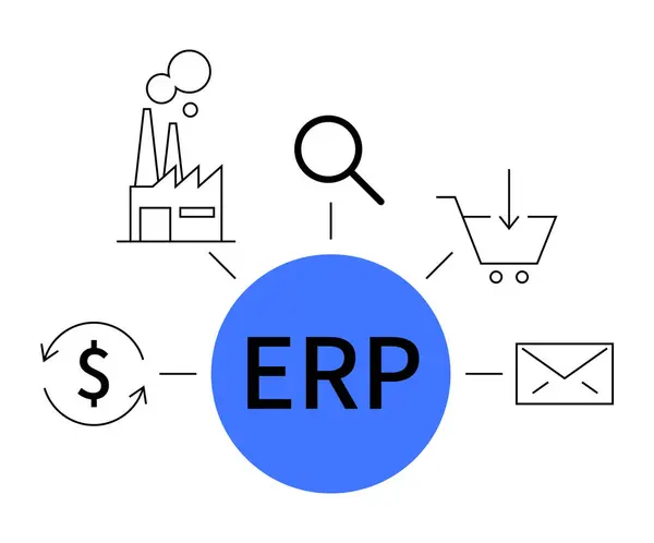 stock vector ERP at center connected to symbols representing manufacturing, finance, procurement, communication, and search. Ideal for software implementation, business management, supply chain, enterprise