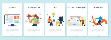 Sosyal medya, seo, reklam, içerik pazarlaması, web sitesi afişleri. Dijital yönetim, iş iletişimi kavramı. Web pankartı, bilgi grafikleri, kahraman resimleri ve tanıtım ajansı için kullanılabilir