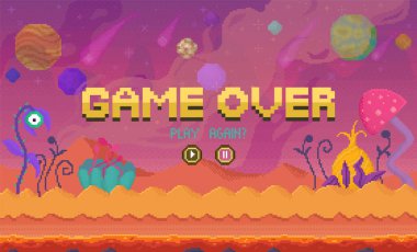Oyun bitti piksel resim tarzında uzaylı manzaralı ve uzay arkaplanlı bir metin. Aşağıdaki iki düğmede tekrar oynat komutu. Video oyunları, pikseller, retro temalar, bilim kurgu, uzay boşluğu için ideal