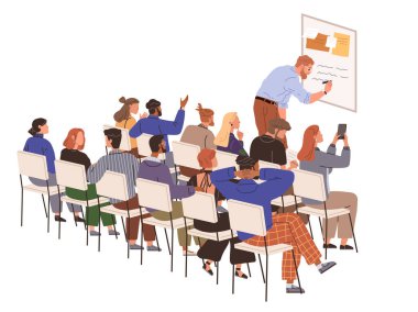 Sıraya dizilmiş bir grup öğrenci beyaz tahtaya yazı yazan bir öğretmeni dikkatle izliyor. Öğrenciler farklıdır ve bazıları not alır veya ellerini kaldırır. Eğitim ve seminerler için ideal