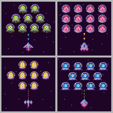 Retro piksel tarzında bir uzay nişancısı oyunu dört çeyrekte farklı renkte uzaylı istilasıyla savaşan bir uzay gemisi içerir. Video oyunu tutkunları, uzay temaları, retro oyun, atari için ideal