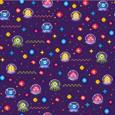 Sevimli uzaylı karakterler ve uzay gemileri, renkli yıldız ve gezegenlere sahip koyu mor bir arka plana karşı kusursuz bir düzende dizilmişlerdir. Çocuk tasarımları, uzay temaları, dijital sanat, retro için ideal
