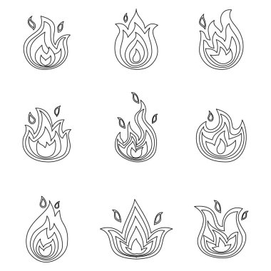 Her birinin farklı stilleri temsil eden eşsiz alev desenleri olan dokuz adet siyah ve beyaz çizgi çizimi. Logolar, eğitim materyalleri, uygulama simgeleri, dijital tasarım ve