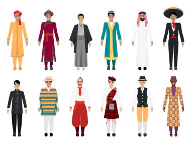 Çeşitli kültürlerden bireyleri geleneksel giysiler içinde gösteren bir resim. Kültürel çeşitlilik, gelenek, dünya mirası, küresel birlik, çok kültürlülük, kültürel temsil, kapsama.
