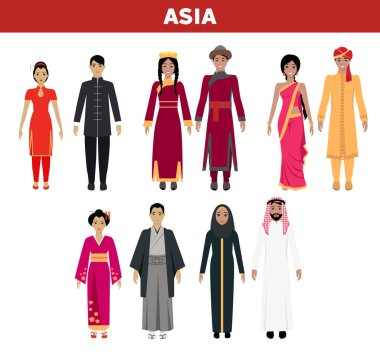 Geleneksel Asya kıyafetleri giymiş, çeşitli kültürleri temsil eden bir grup insan. Kültürel çeşitlilik, birlik, gelenek, dünya mirası, çok kültürlülük, kültürel temsil, kapsama.