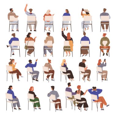 Arkadan izlenen 24 kişilik bir grup sandalyede oturuyor. Bireyler el kol hareketi yapıyor, cihazlar kullanıyor ve etkileşime geçiyorlar. Ofis ortamları, çeşitlilik, takım çalışması, toplantılar ve sosyal etkinlikler için ideal