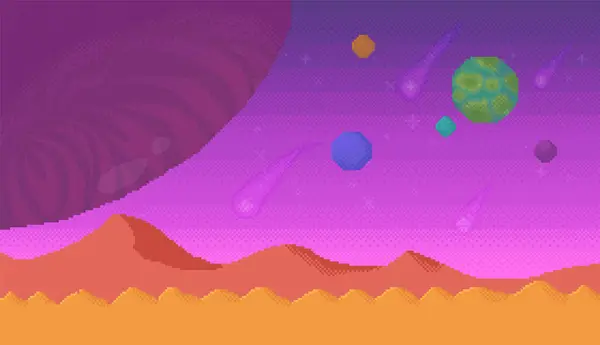 stock vector Outer space scene with a desolate orange landscape, purple and pink sky, planets in the background and asteroids. Ideal for sci-fi, space exploration, desert planet theme, gaming, and futuristic