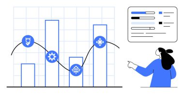 Mevsimsel simgeler ve trend çizgileri olan bar tablosu, sağdaki kişi yatay çubuklarla grafiğe işaret ediyor. Veri sunumu, iş analizleri, hava durumları, mevsimsel eğilimler için ideal
