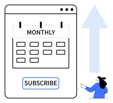 Aylık takvim içeren minimalist bir tasarım, aşağıda abone tuşu ve yanında da büyük bir yukarı doğru ok ile işaretlenmiş. Üyelik hizmetleri, üyelik planları, yinelenen ödemeler için ideal