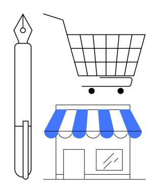 Bir kalem, bir alışveriş arabası taslağı ve mavi çizgili tenteli bir mağaza önü görülebilir. İş, alışveriş, kırtasiye, perakende ve ticaret temaları için ideal. Basit ve temiz bir biçim