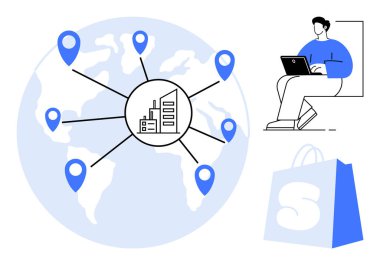 Merkezi bir merkeze bağlı konum iğneli bir dünya haritası. Ayrıca dizüstü bilgisayar ve alışveriş çantası kullanan birini gösteriyor. Tedarik zinciri yönetimi, lojistik planlaması ve küresel işletme için ideal