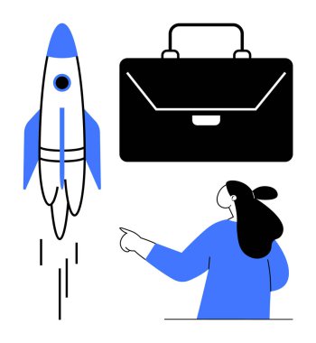 Roket, evrak çantası ve işaret eden kişi iş büyümesini, yenilikleri ve başlangıç fikirlerini temsil ediyor. Girişimcilik, iş geliştirme, girişimcilik, yenilik ve teknoloji için idealdir. Minimalist