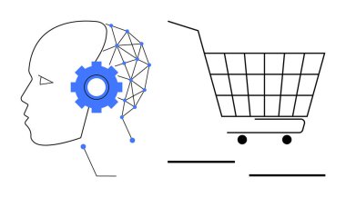 Bir alışveriş arabasının yanında mavi dişli ve ağ bağlantıları olan bir insan kafası. Yapay Zeka E-Ticaret Çevrimiçi Alışveriş Teknolojisi İnovasyonu için ideal. Basit modern biçim