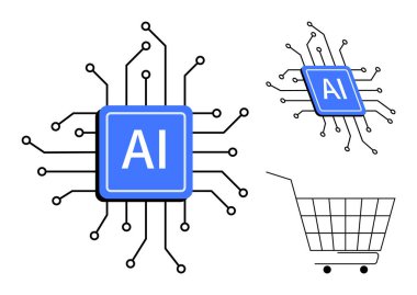 Mavi yapay zeka çipi merkezi ve birden fazla devre hattı var. Bir alışveriş arabasının yanında. Yapay zeka teknolojisi, e-ticaret, dijital pazarlama, otomasyon ve yenilik için ideal. Düz tasarım