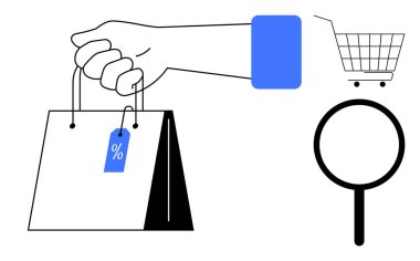 Bir el çantası, yüzde işareti olan bir fiyat etiketi, bir alışveriş arabası ve bir büyüteç. Çevrimiçi alışveriş, perakende satış, arama, indirim ve e-ticaret için ideal. Minimalist modern tarz