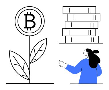 Bitcoin sembollü siyah beyaz bitki, bozuk para yığını ve maviler içindeki insan. Kripto para birimi için ideal, dijital finans, yatırım, ekonomik büyüme, fintech. Temiz minimalist biçim