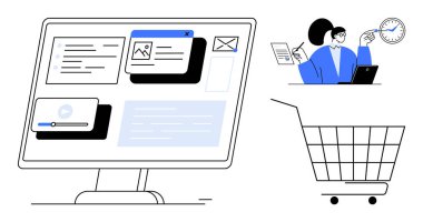 E- posta videoları ve resimler gibi çeşitli arayüz elemanlarıyla çevrili bir masaüstü bilgisayarı kullanan bir kişi. Bir alışveriş arabası ve bir saat de dahil. Uzak çalışma e-ticaret zaman yönetimi için ideal