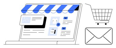 Bir alışveriş arabası ve e-posta ikonu eşliğinde mağaza vitrinli bir dizüstü bilgisayar. Çevrimiçi alışveriş, e-ticaret, dijital pazarlama, web tasarımı ve çevrimiçi perakende satış için ideal