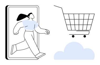 Mobil cihazdan çıkıp alışveriş arabasına ve buluta doğru giden bir kadın. Çevrimiçi alışveriş, e-ticaret, sanal perakende deneyimleri, dijital pazarlama, alışveriş alanında yenilik için idealdir. Basit satır
