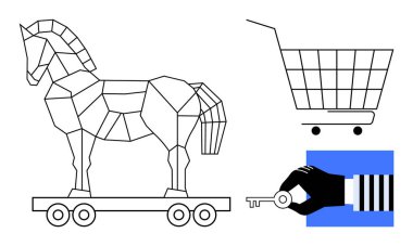 Tekerlekli bir Truva atı, anahtarı tutan bir el ve alışveriş arabasının basit vektörü. Siber güvenlik, çevrimiçi alışveriş, perakende satış, güvenlik ve teknoloji temaları için ideal. Temiz minimalist stil