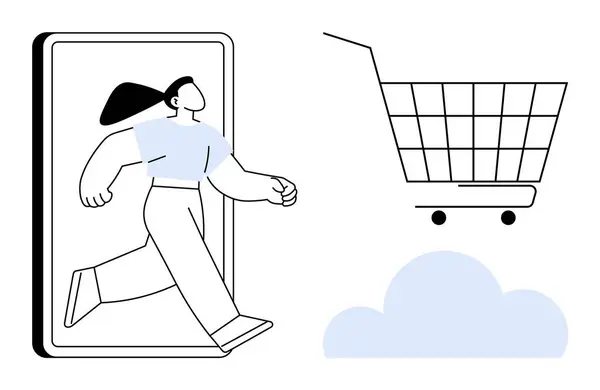 Stock vector Woman stepping out of mobile device towards shopping cart and a cloud. Ideal for online shopping, e-commerce, virtual retail experiences, digital marketing, innovation in shopping. Simplistic line