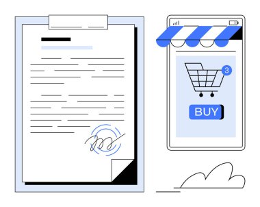 Çevrimiçi alışveriş arabasını gösteren akıllı telefonun yanında imzası olan dijital bir sözleşme. E-ticaret için ideal, dijital işlemler, çevrimiçi sözleşmeler, mobil alışveriş, modern iş