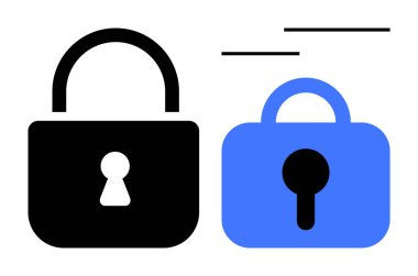 İki asma kilit bir siyah ve bir mavi güvenlik sembolü olarak yan yana duruyor. Veri gizlilik, güvenlik, internet güvenliği ve şifreleme kavramları için idealdir. Asgari vektör biçimi
