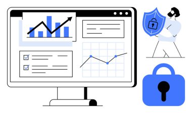 Bir bilgisayar ekranı çubuk grafikleri, satır çizelgeleri ve kontrol listesi verilerini gösterir, analitik ve veri izlemesini sembolize eder. Yakınlarda bir asma kilit ve kilidi olan bir kişi var.