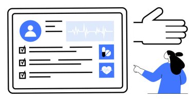 Veri bölümleri ECG dalga formu ve tıbbi simgelerle dijital sağlık kayıtları ekranda geziniyor. Dijital sağlık eHealth tıbbi kayıtları için ideal teletıp hasta verileri