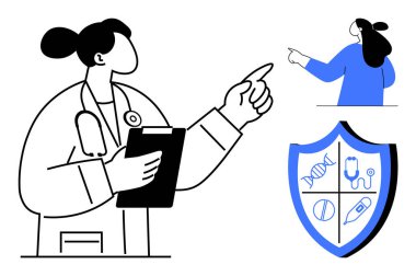 Elinde bir pano tutan ve içinde DNA iplikleri, stetoskop, hap ve şırınga gibi tıbbi ikonların bulunduğu koruyucu bir kalkan olan bir doktor. Sağlık, tıp eğitimi ve korunma için ideal