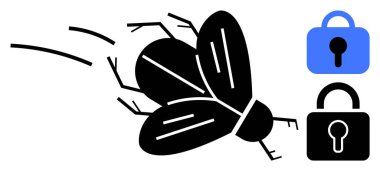 Biri mavi diğeri siyah olmak üzere iki kilidi olan basitleştirilmiş siyah bir sinek. Siber güvenlik, hackleme, mahremiyet, veri koruması ve kötü amaçlı yazılım temaları için ideal. Siluet biçimi, minimalist, yüksek karşıtlık