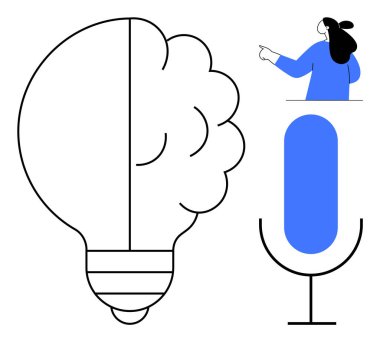 Bölünmüş bir ampul ve beyin konsepti, işaret eden bir insan ve bir mikrofon. Yenilik, yaratıcılık, beyin fırtınası, sunumlar ve iletişim temaları için idealdir. Minimalist çizgi sanatı, mavi