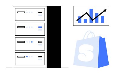 Bir veri sunucusu, yukarı eğilimli bar grafiği ve alışveriş çantası görüntülenir. Dijital ticaret, veri analizi, iş büyümesi, teknoloji ve online alışveriş için ideal. Basit düz vektör biçimi