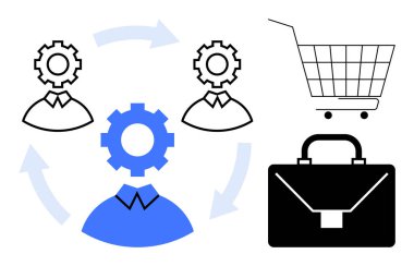 Dairesel bir iş akışında vites başlıklı üç insan figürünü gösteren diyagram. Alışveriş arabası ve evrak çantası ikonları da dahil. İş, İK süreçleri, takım işbirliği, ticaret ve yönetim için ideal