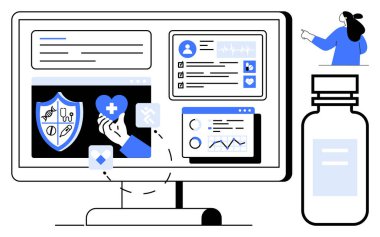 Sağlık ikonları, hasta profili ve tıbbi grafikleri olan bilgisayar ekranı. Tıbbi teknoloji, teletıp, sağlık bilgi sistemleri, hasta veri yönetimi, sağlık eğitimi için ideal