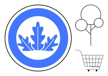 Bir daire içinde mavi ve beyaz yaprak sembolü, çizgili bir ağaç ve çizgili bir alışveriş arabası. Sürdürülebilirlik, çevre dostu, doğa koruma, çevre bilinci ve yeşil alışveriş için ideal